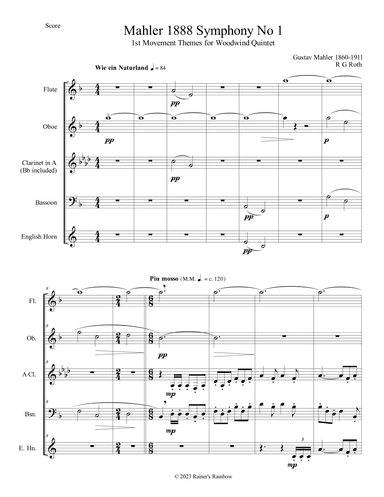 Mahler 1888 Symphony No 1 1st Movement Themes Woodwind Quintet Score and Parts (arr. R G Roth)