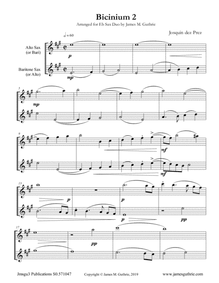 Josquin: Bicinium 2 for Eb Sax Duo (arr. James M. Guthrie)