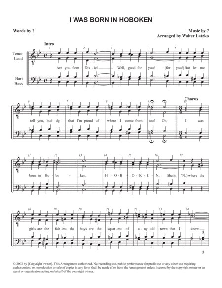 I WAS BORN IN HOBOKEN (arr. Walter Latzko)
