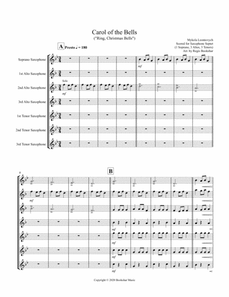 Carol of the Bells (F min) (Saxophone Septet - 1 Sop, 3 Alto, 3 Ten) (arr. Regis Bookshar)