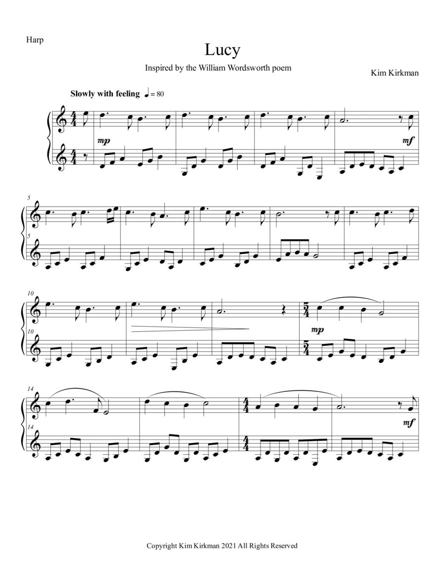 Lucy for solo harp (no levers required) - inspired by the Wordsworth poem - by Kim Kirkman