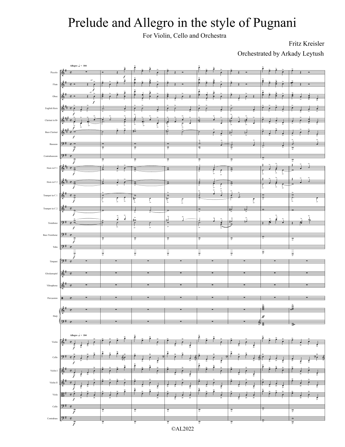 Fritz Kreisler - Prelude and Allegro in the style of Pugnani, for Violin, Cello and Full Orchestra,