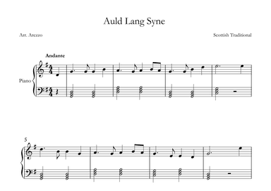 auld lang syne easy piano sheet music for beginners in g major (arr. Arezzo Music)