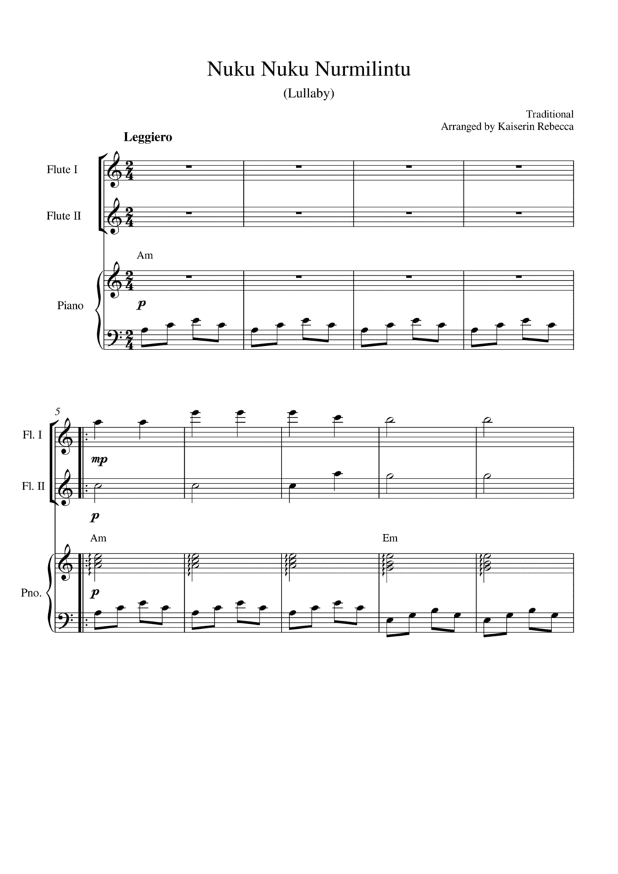 Nuku Nuku Nurmilintu (Lullaby) (for flute duet and piano accompaniment) (arr. Kaiserin Rebecca)