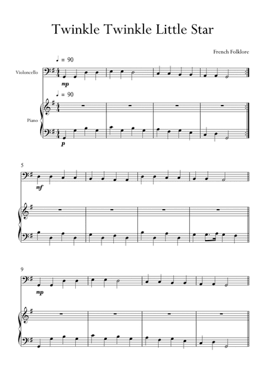 Twinkle Twinkle Little Star for Cello (Violoncello) and Piano in G Major. Very Easy. (arr. Matheus Araújo)