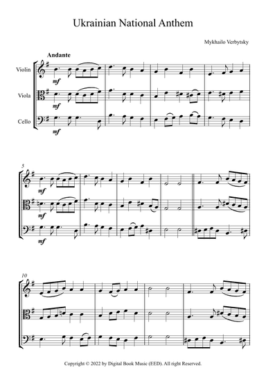 Ukrainian National Anthem - Mykhailo Verbytsky (String Trio - Violin, Viola, Cello) + parts (arr. Digital Book Music)