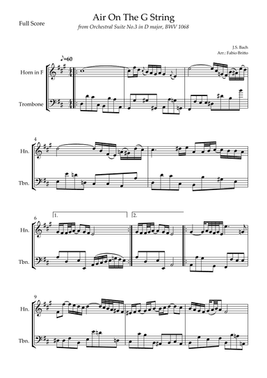 Air On The G String (J.S. Bach) for Horn in F & Trombone Duo (arr. Fabio Britto)