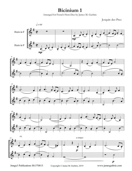 Josquin: Bicinium 1 for French Horn Duo (arr. James M. Guthrie)