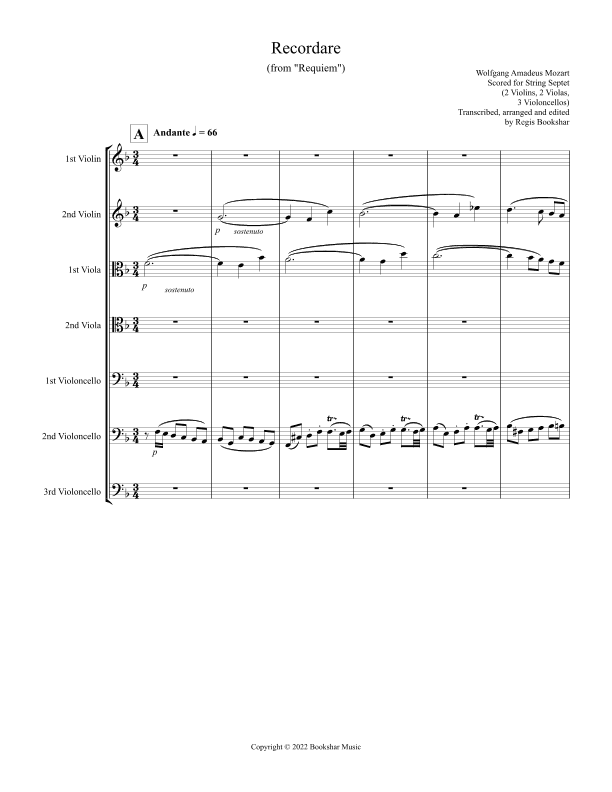 Recordare (from "Requiem") (F) (String Septet - 2 Violins, 2 Violas, 3 Cellos) (arr. Regis Bookshar)