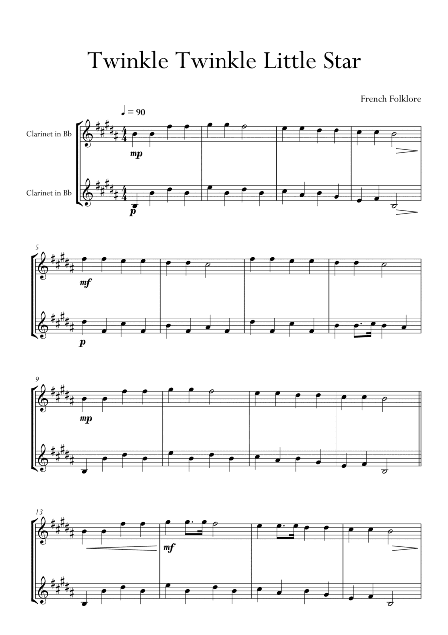 Twinkle Twinkle Little Star in A Major for Clarinet Duo. Easy version. (arr. Matheus Araújo)