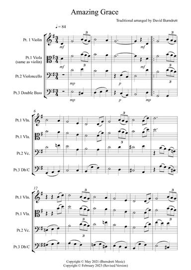 Amazing Grace for Violin or Viola, Cello and Bass Trio (arr. David Burndrett)