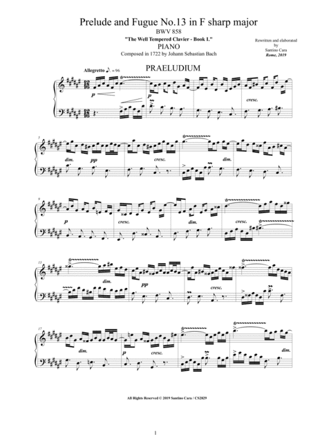 Bach - Prelude and Fugue No.13 in F sharp major BWV 858 for Piano (arr. Santino Cara)