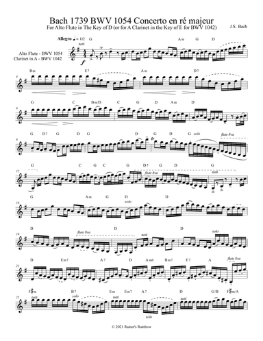 Bach 1739 BWV 1054 Alto Flute Concerto in D or BWV 1042 Clarinet Concerto in D for A Clarinet (arr. Rainer Grant Roth)