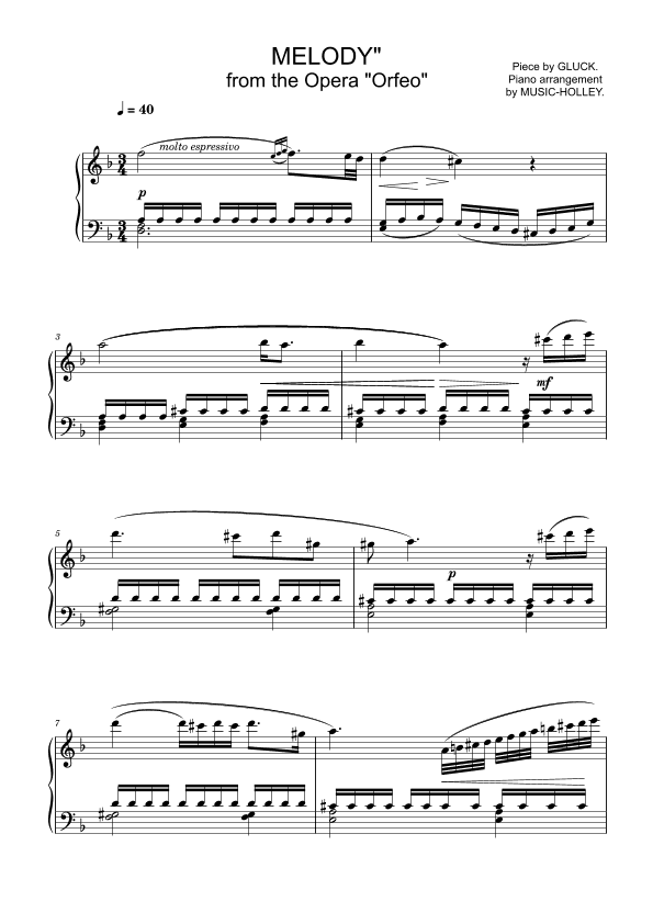 Gluck - Melody (from Orfeo ed Euridice, easy piano sheet) (arr. Music-holley)