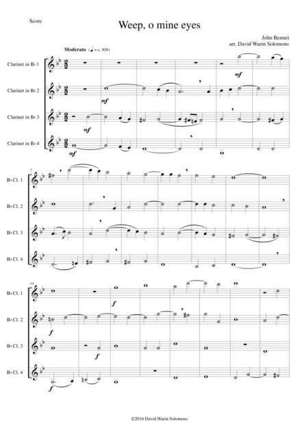Weep, O mine eyes for clarinet quartet (4 equal clarinets) (arr. David Warin Solomons)