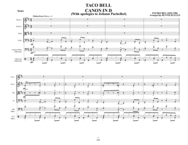 TACO BELL CANON IN D - Bossa Nova - String Quartet with optional Acoustic Bass and Drum Set Parts (arr. Dennis Ruello)