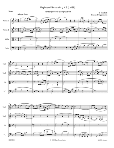 Scarlatti D: Sonata in g K 8 (L 488) arr. for String Quartet (arr. D Oppenheim)