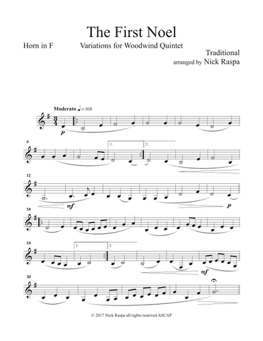 The First Noel (Variations for WW Quintet - fl., ca., cl., hn. in F, bsn. ) Horn in F part (arr. Nick Raspa)