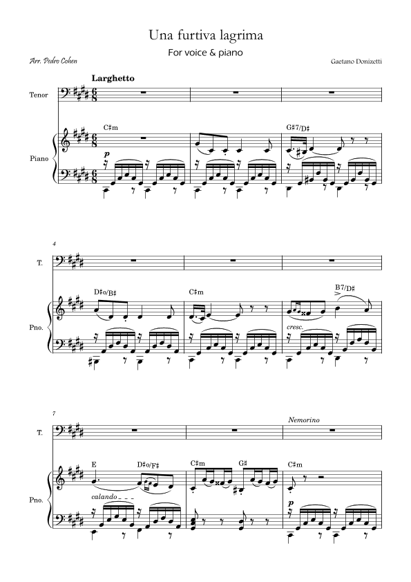 Una Furtiva Lagrima (Tenor in C#m) (arr. Pedro Cohen)