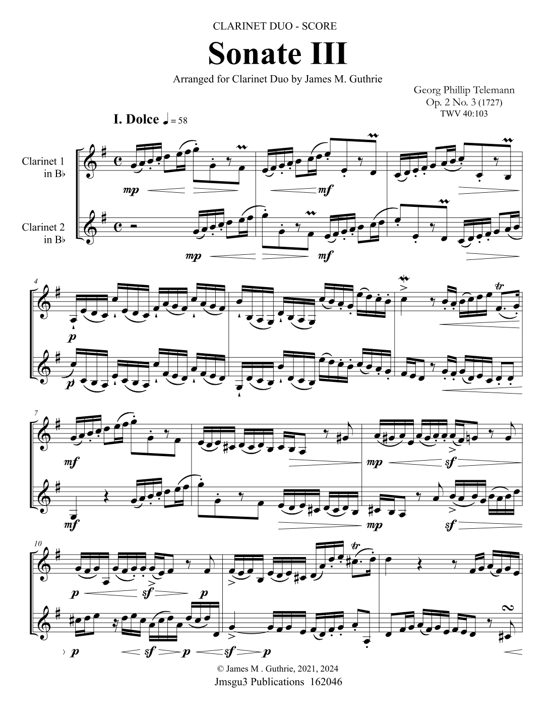 Telemann: Sonata Op. 2 No. 3 for Clarinet Duo (arr. James M. Guthrie)