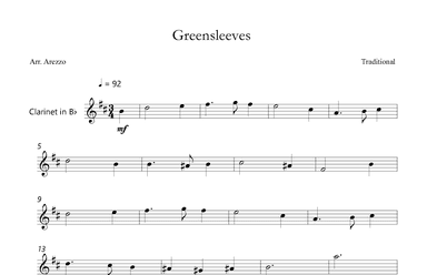 Greensleeves Lead Sheet for  Clarinet (arr. Arezzo Music)