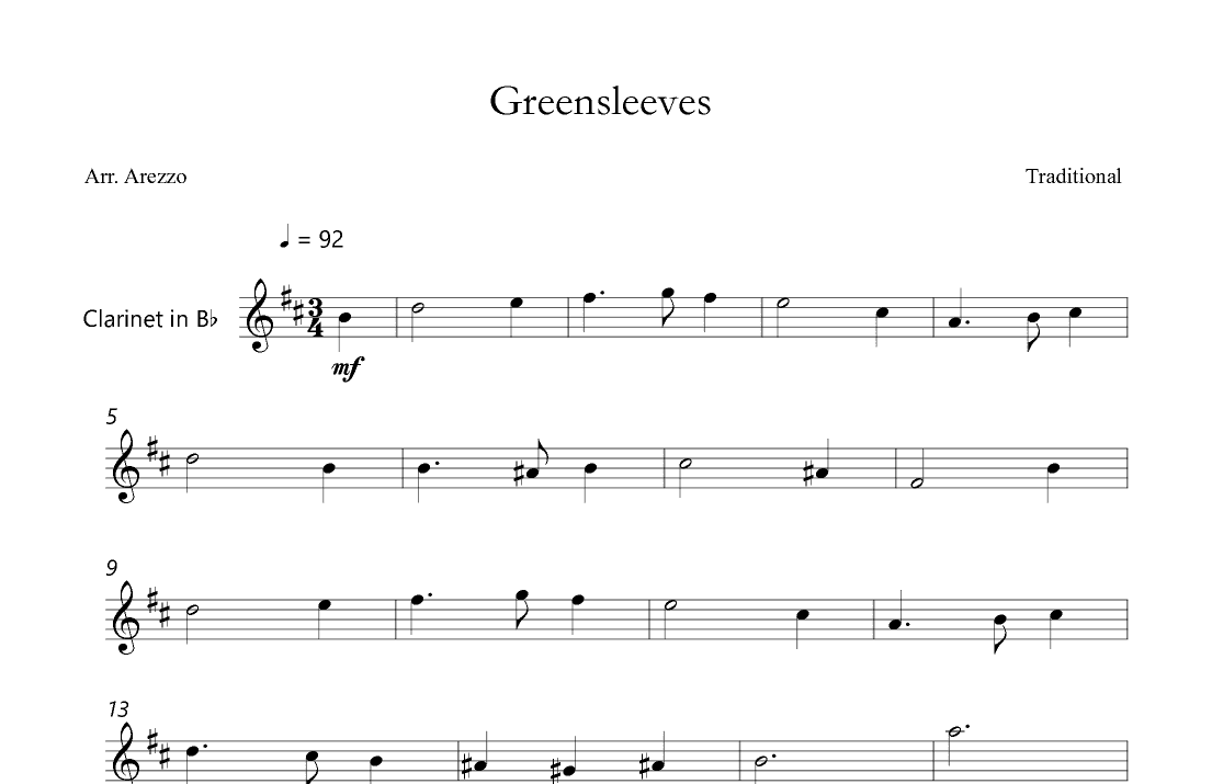 Greensleeves Lead Sheet for  Clarinet (arr. Arezzo Music)