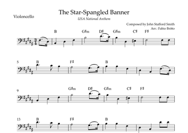 The Star Spangled Banner (USA National Anthem) for Cello Solo with Chords (B Major) (arr. Fabio Britto)