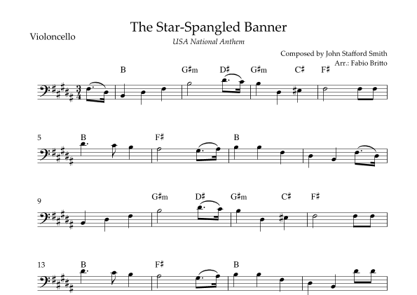 The Star Spangled Banner (USA National Anthem) for Cello Solo with Chords (B Major) (arr. Fabio Britto)