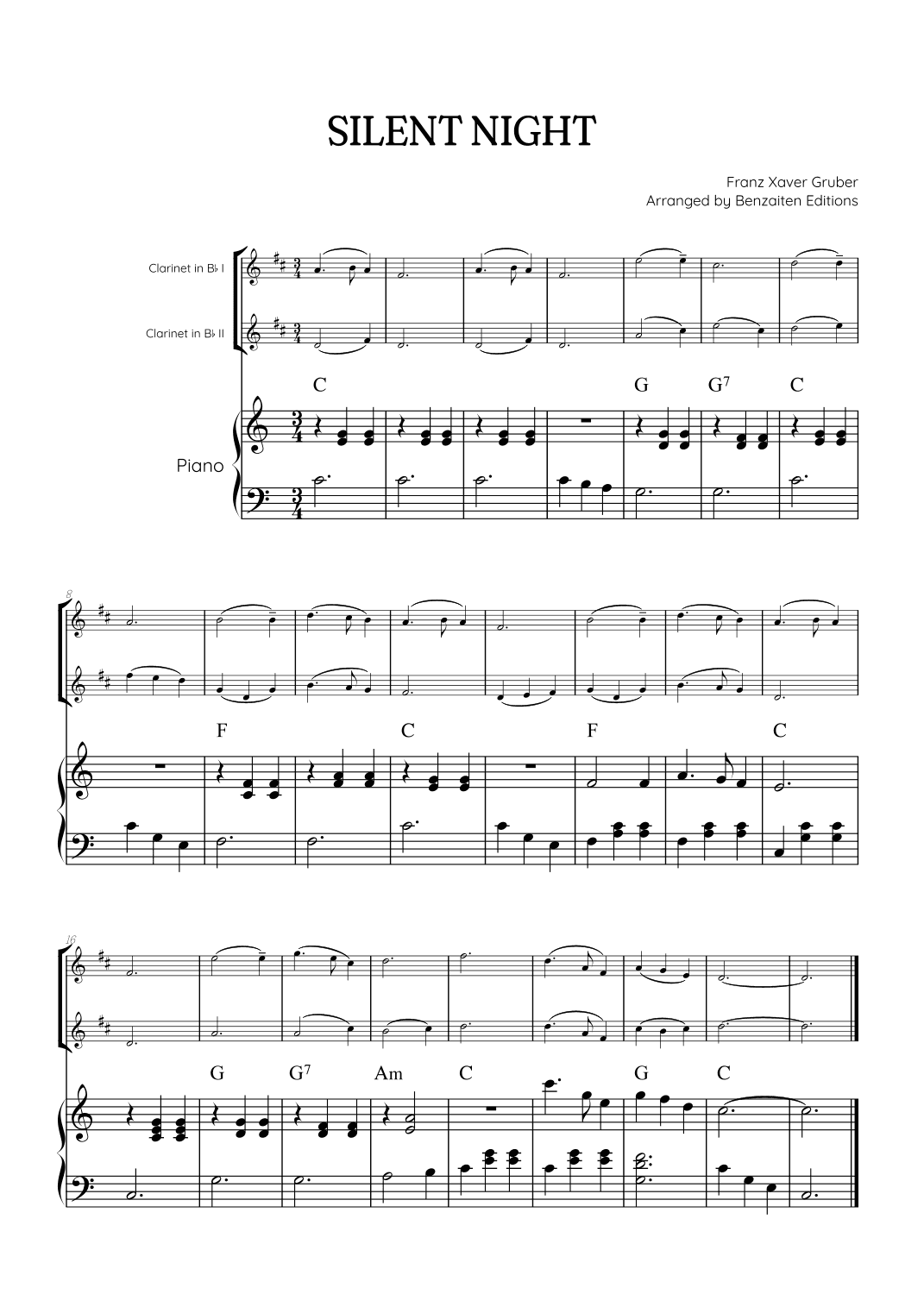 Silent Night for clarinet duet with piano accompaniment • easy Christmas song sheet music (w/ chords (arr. Benzaiten Editions)