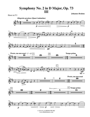 Brahms Symphony No. 2, Movement III - Horn in F 1 (Transposed Part), Op. 73 (arr. Doug Clyde)