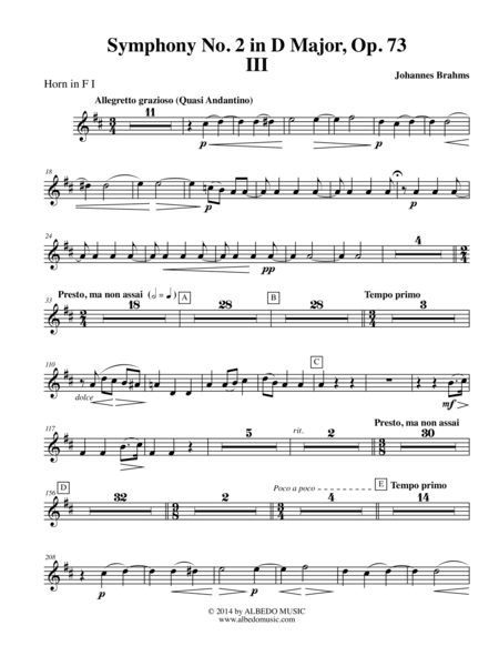 Brahms Symphony No. 2, Movement III - Horn in F 1 (Transposed Part), Op. 73 (arr. Doug Clyde)
