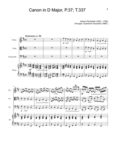 Johann Pachelbel - Canon in D Major, P.37; T.337. Arrangement for Violin, Viola, Cello and Piano. (arr. Guilherme Facchetti)