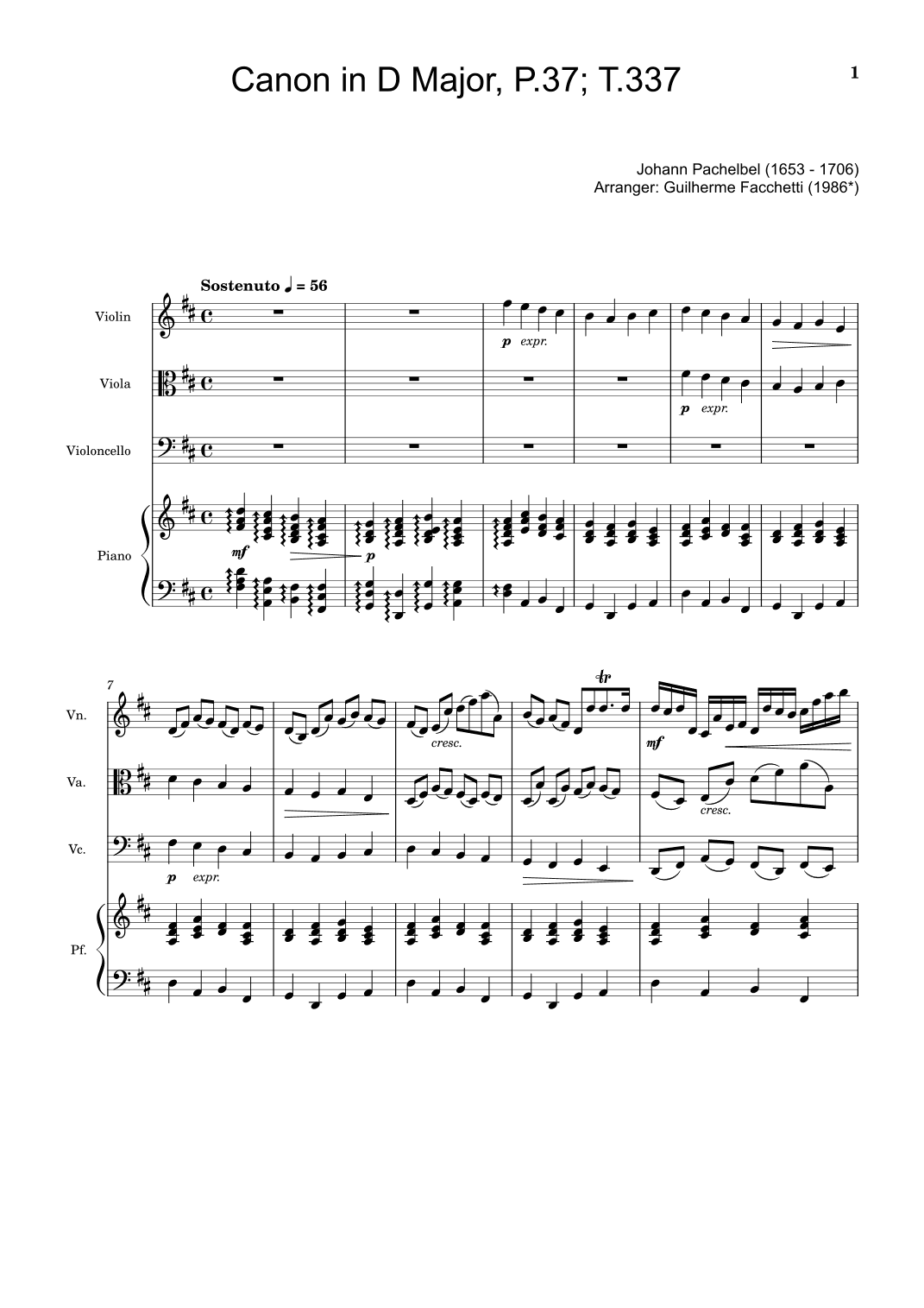 Johann Pachelbel - Canon in D Major, P.37; T.337. Arrangement for Violin, Viola, Cello and Piano. (arr. Guilherme Facchetti)