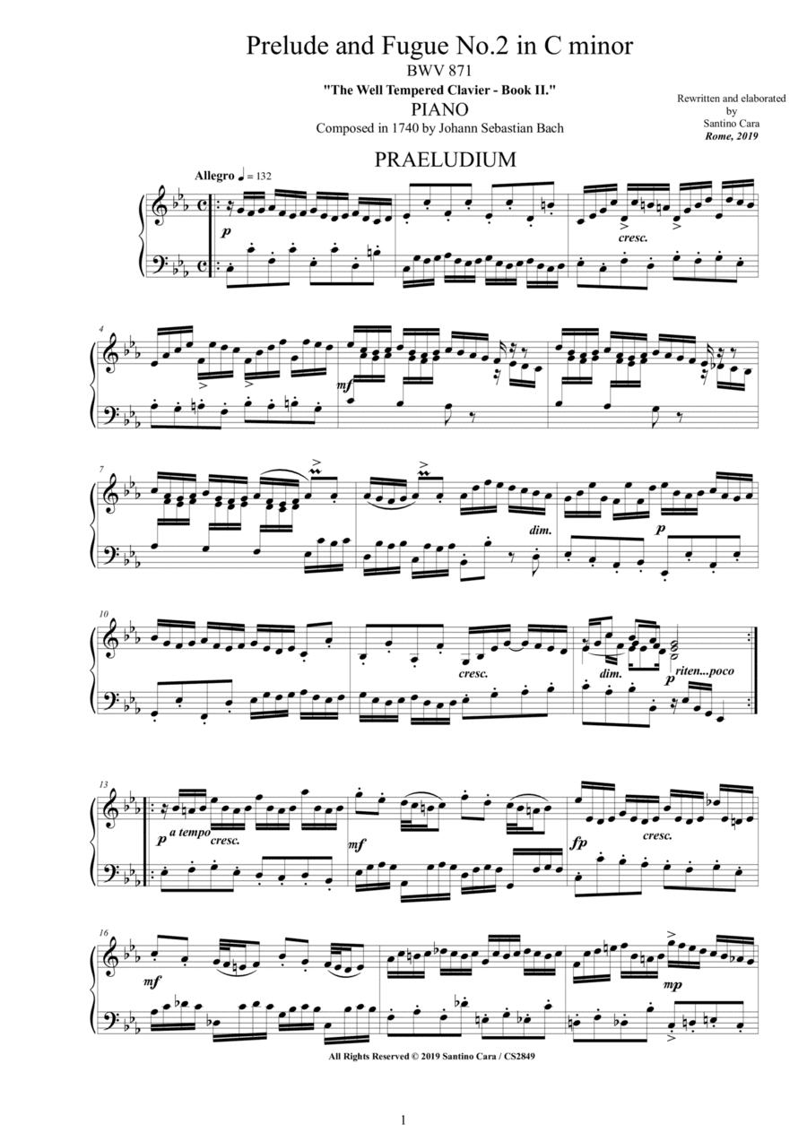 Bach - Prelude and Fugue No.2 in C minor BWV 871 for Piano (arr. Santino Cara)