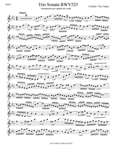 Trio sonata BWV525 in Eb Major for string quartet or woodwind quartet formations. (arr. Toni Tudurí)