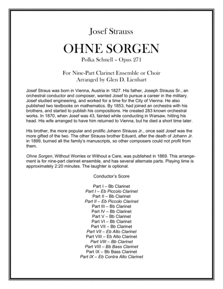 Ohne Sorgen (Clarinets) (arr. Glen D. Lienhart)