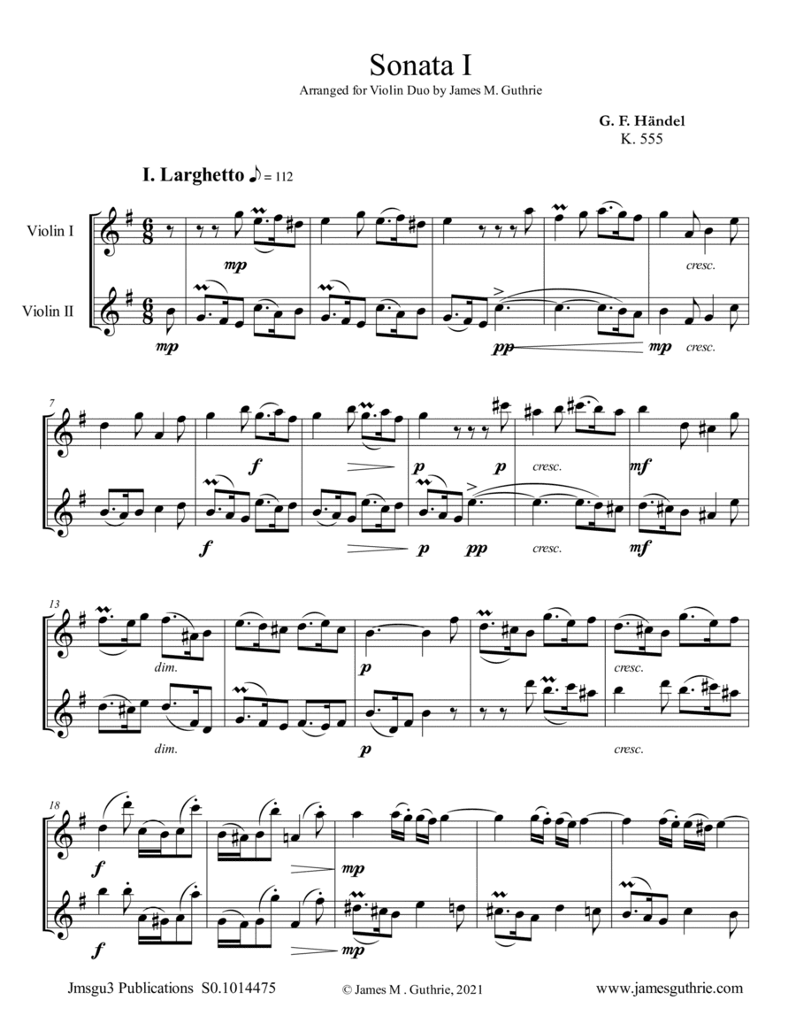 Handel: Six Sonatas Complete for Violin Duo (arr. James M. Guthrie)