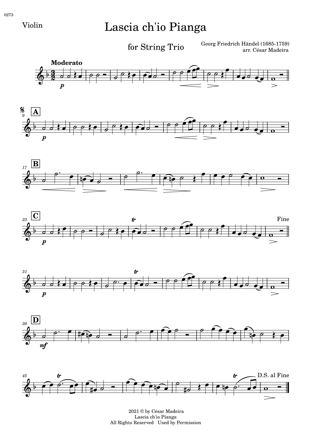 Lascia Ch'io Pianga - String Trio (Individual Parts) (arr. César Madeira)