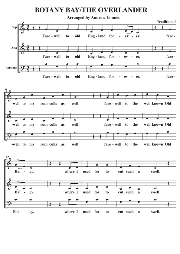 Botany Bay/The Overlander A Cappella SAB (arr. Andrew Emmet)