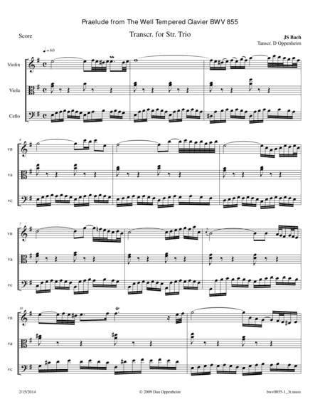 Bach: Prelude BWV 855 in e minor from The Well Tempered Clavier arr. for String Trio (arr. D Oppenheim)