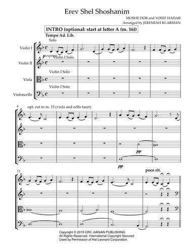 Erev Shel Shoshanim - Score Only (arr. Jeremiah Klarman)