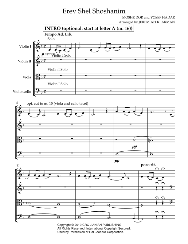 Erev Shel Shoshanim - Score Only (arr. Jeremiah Klarman)