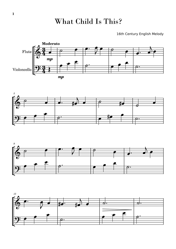 What Child Is This? (Greensleeves) for Easy Flute and Cello Duo (arr. Gisele Sant'Ana)