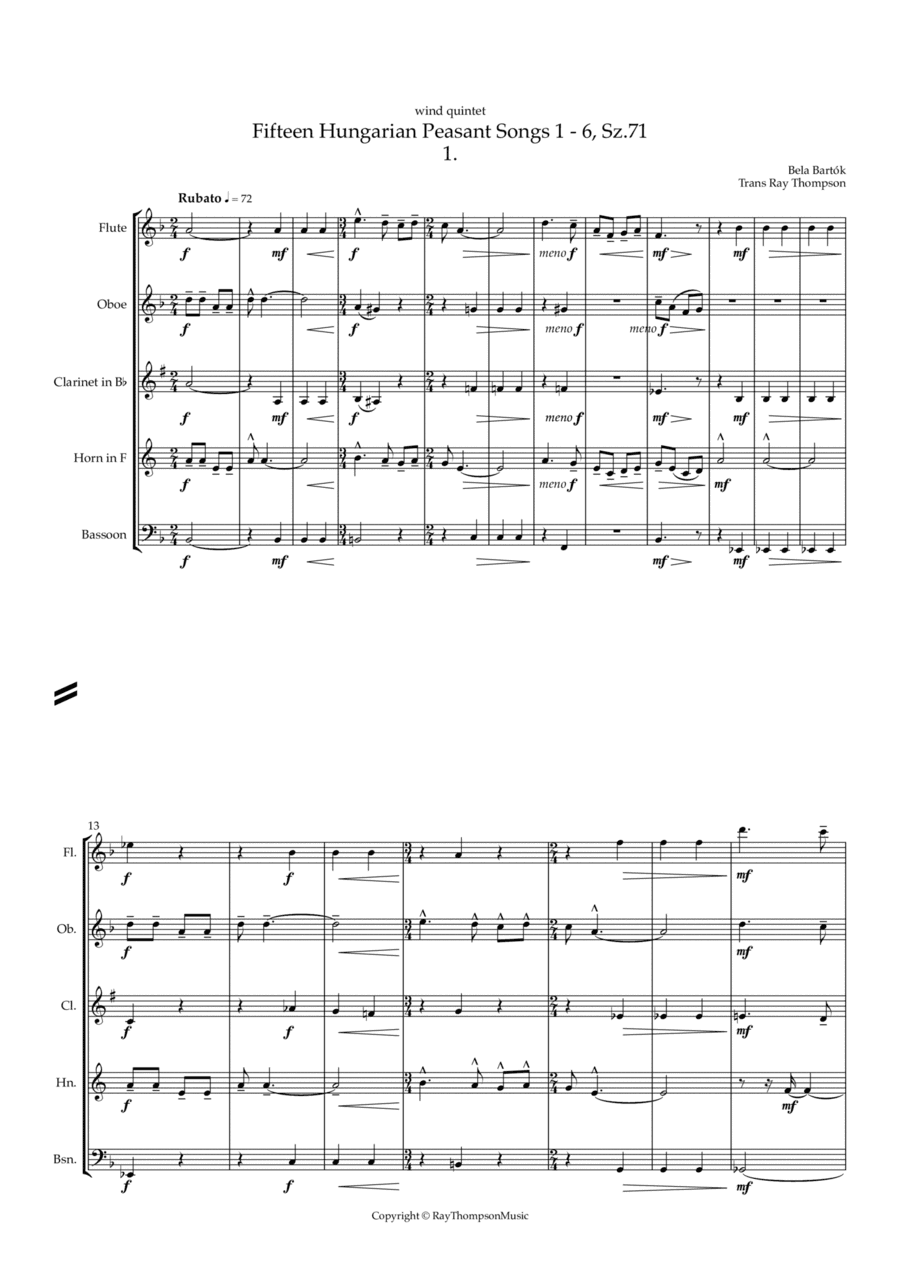 Bartók: Fifteen Hungarian Peasant Songs, Sz.71 (Nos. 1 - 6) - wind quintet (arr. Ray Thompson)