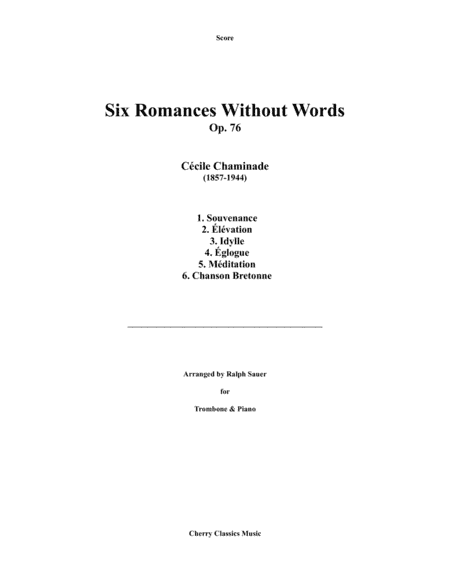 Six Romances Without Words, Op. 76 for Trombone and Piano (arr. Sauer, Ralph)