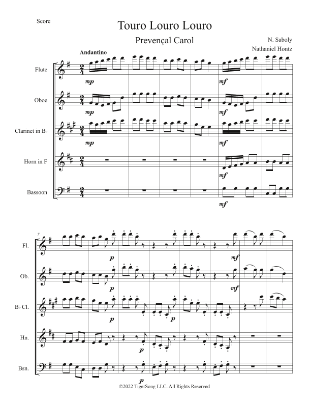 Touro Louro Louro (French Carol) for Woodwind Quintet (arr. Nathaniel Hontz)