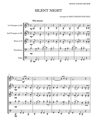 Franz Xaver Gruber. SILENT NIGHT -brass quintet- arrenged by KHUUSHAAN BATZAYA (arr. KHUUSHAAN BATZAYA)