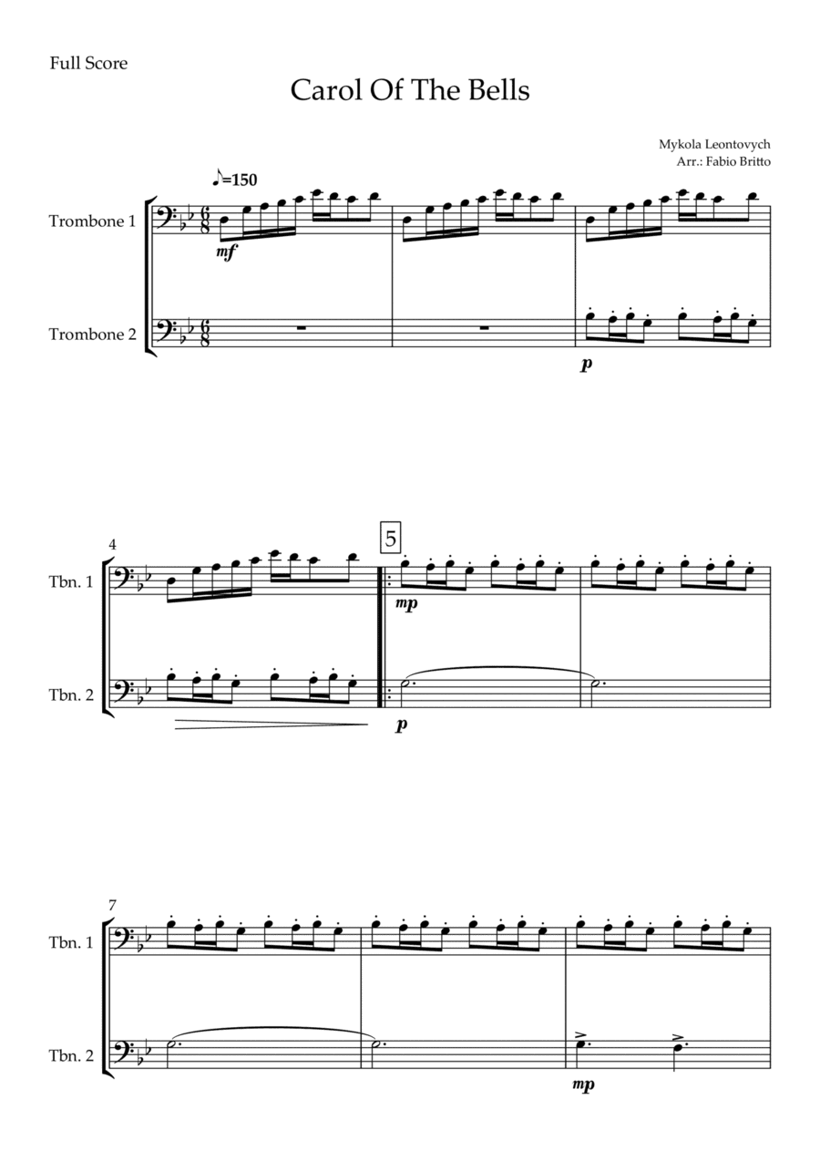 Carol Of The Bells (Mykola Leontovych) for Trombone Duo (arr. Fabio Britto)