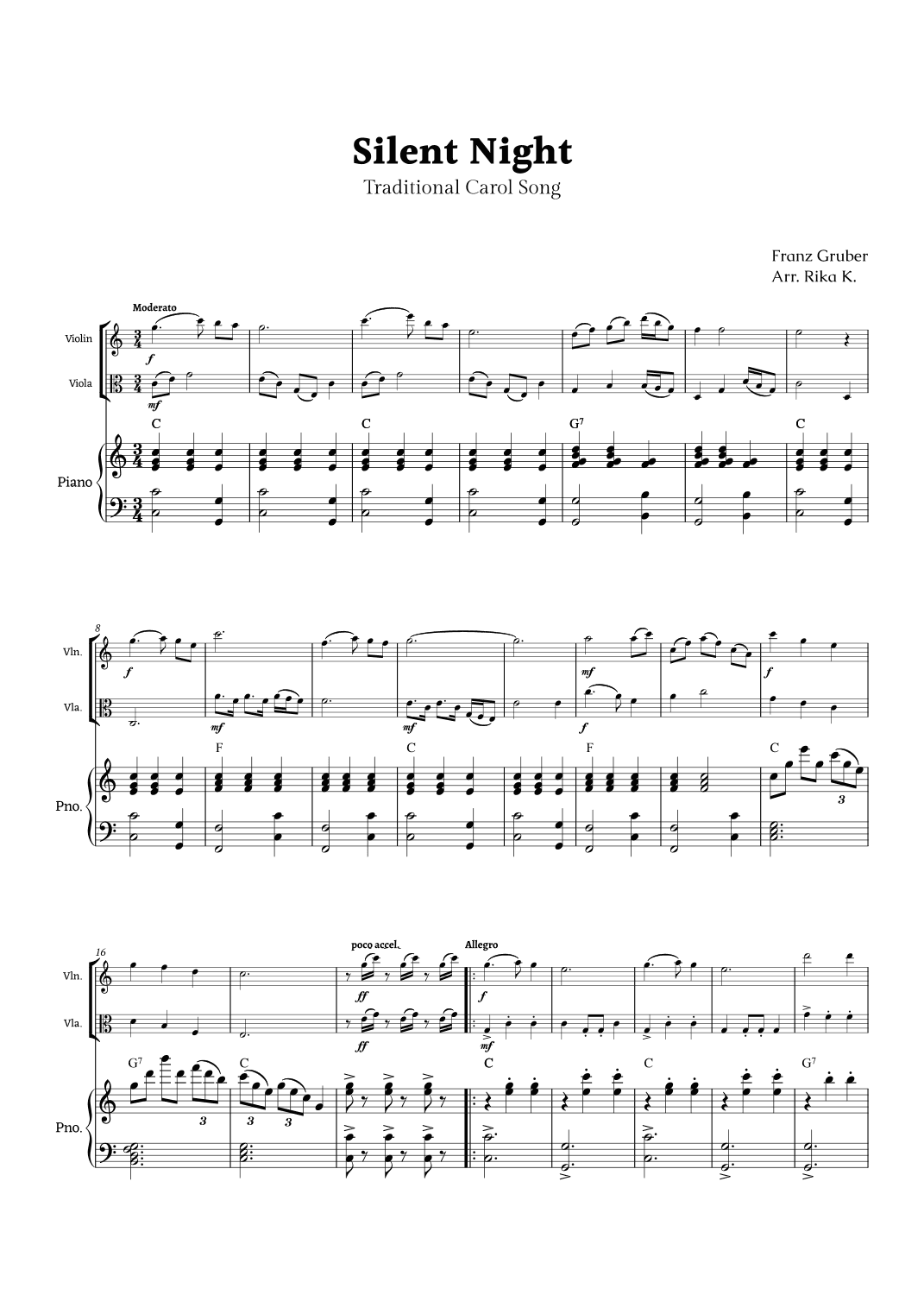 Silent Night for Violin and Viola Duet with Piano (arr. Rika K.)