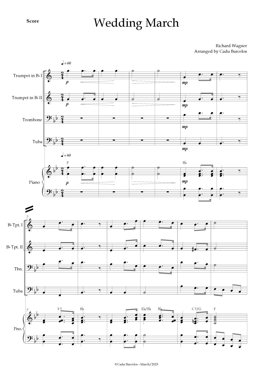 Wedding March (Wagner) Brass Quartet Piano and chords (arr. Cadu Barcelos)
